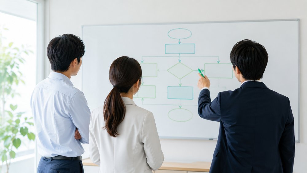 ホワイトボードの前で体制図を議論するチーム