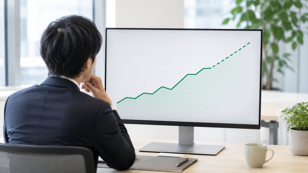 上昇する折れ線グラフを確認するビジネスパーソン