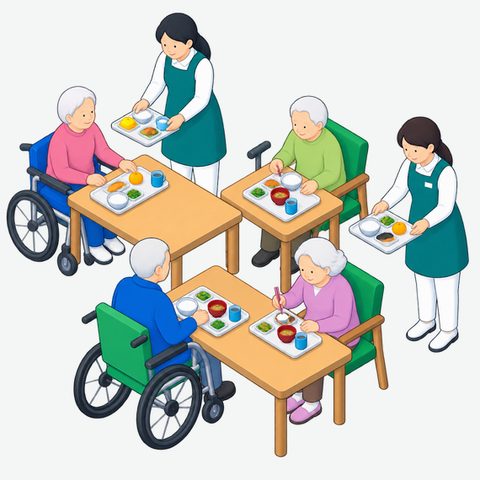 介護施設で過ごす利用者と職員のイラスト